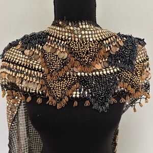 Vintage, elegant Sequin Beaded Lace Hip Wrap Collar Shoulder Shawl Silver & Gold